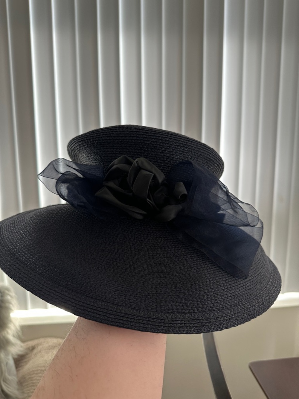 Elegant Black Wide-Brim Women's Dress Hat with Floral Accent